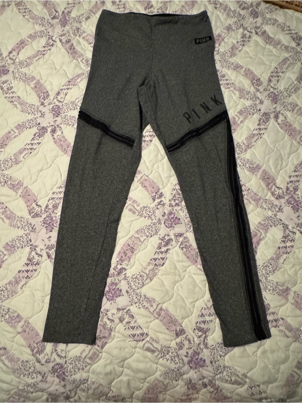 PINK Victoria's Secret Charcoal Gray Leggings with Black Stripe Accents